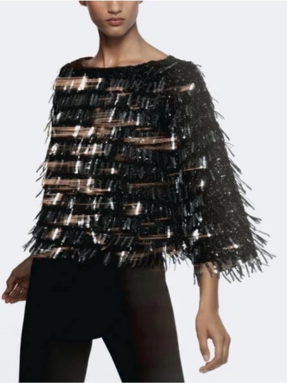 ZARA Black and Silver Sequin Fringe Top Size Small
